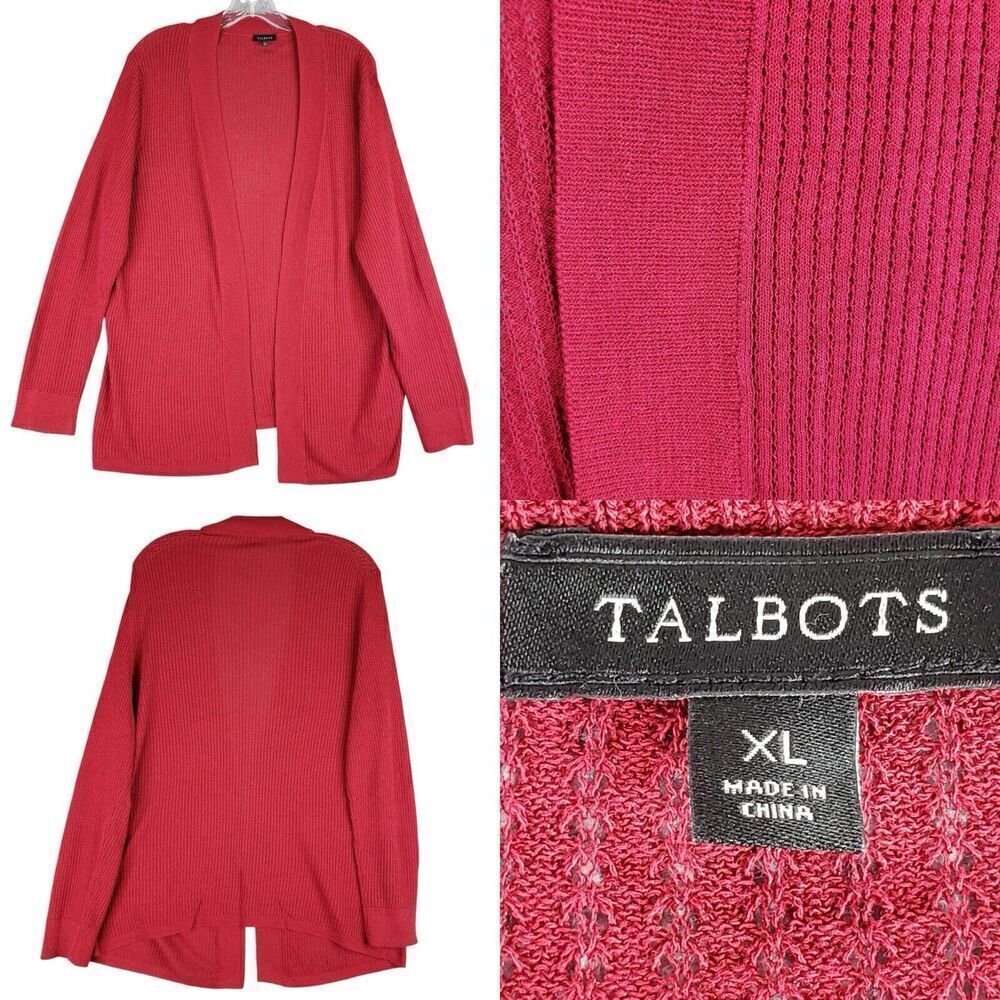 Talbots Cardigan Sweater Solid Red LS Open Knit Front Size XL Longline Pointelle